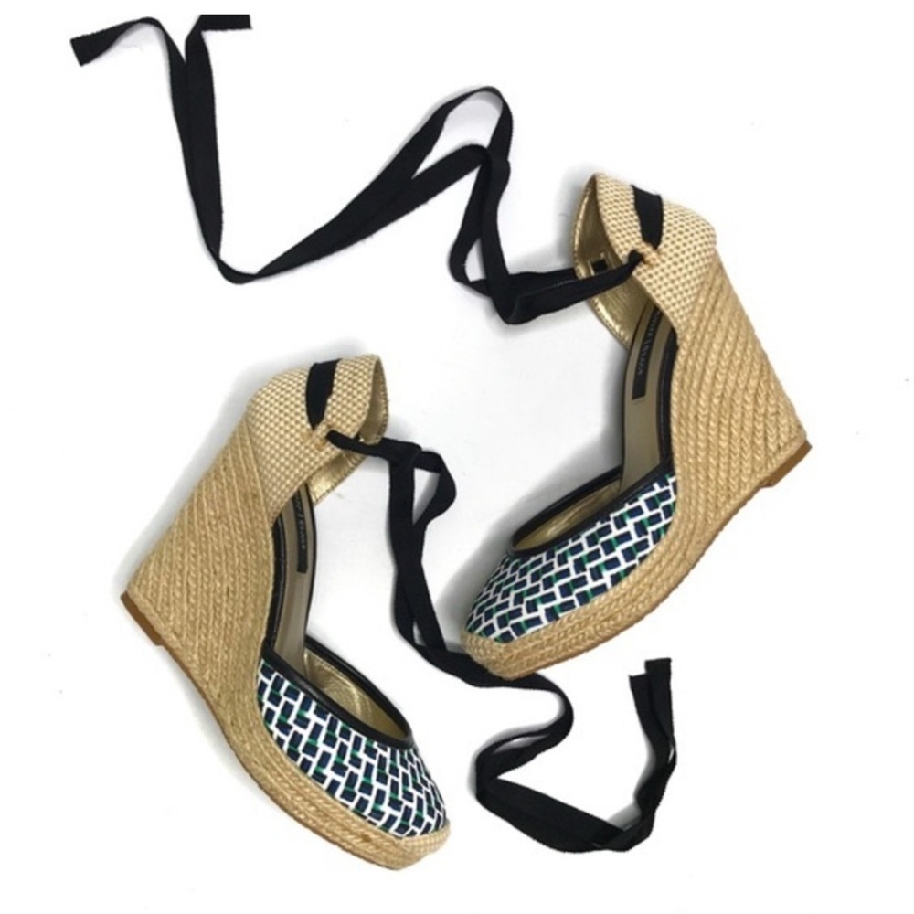 White House Black Market Woven Wedge Espadrilles with Black Accents